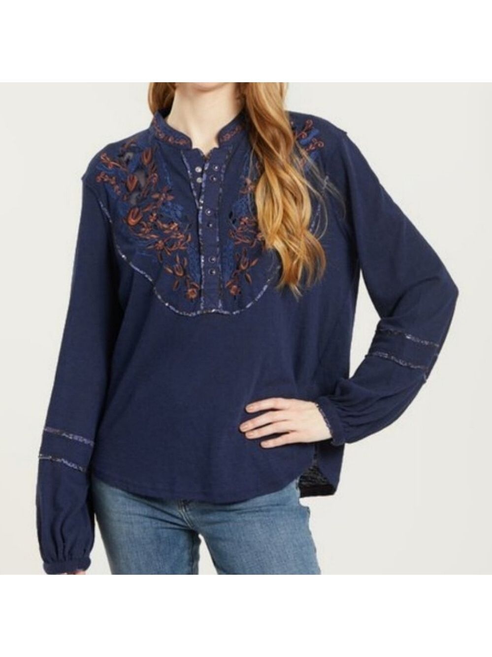 Free People Sundance Embroidered Henley Top - Picture 3 of 8
